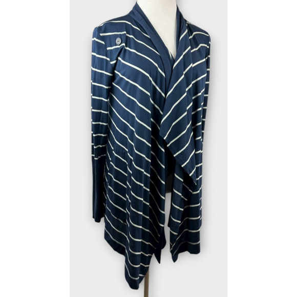 Icebreaker Bliss Wrap Merino Wool Cardigan Navy White Striped Tie Button Medium - Picture 3 of 16